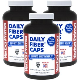 Yerba Prima Daily Fiber Capsules, 180 Caps (Pack of 3) - Soluble Dietary Fiber Supplement - Colon Cleanse - Gut Health - Constipation Relief, Vegan, Non-GMO, Gluten-Free