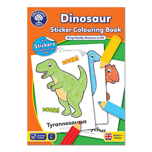 Orchard Toys Dinosaur Sticker Colouring Activity Book - Educational Activity Book - Colour in Dinosaurs - Kids 3 Years +, Perfect for Parties.