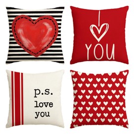 AVOIN colorlife Valentine's Day I Love You Throw Pillow Covers, 18 x 18 Inch Red Valentine Heart Stripes p.s. Love You Wedding Cushion Case Decoration for Sofa Couch Set of 4