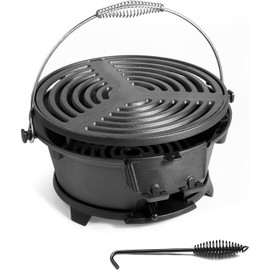Round Mini Hibachi Grill Outdoor, Portable Small Charcoal Camping Barbecue Grill, 100% Cast Iron, Durable - Coal Door, Draft Door