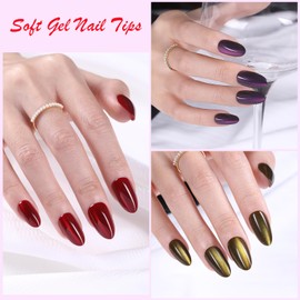 Cat Eye Press on Nails, Jsiallye 300pcs Colored Short Almond Press on Nails for Women, Soft Gel Fake Nails, Glossy Glitter Cat Eye Nail Tips Stick On Nails in 15 Sizes