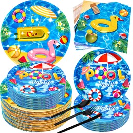 150Pcs Pool Party Supplies Beach Party Supplies Set 9"& 7"Pool Party Plates and Napkins Knives Forks Spoons for Beach Pool Theme Beach Party,luau Ball Water Tube Picnic Pool Birthday Party Decorations