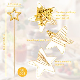 Gold Star Cocktail Picks - 50 PCS Decorative Fancy Toothpicks for Appetizers, 5.2 Inch Long Bamboo Fancy Toothpicks, Wood Food Drinks Fruit Skewer Sticks for Appetizers Christmas Wedding Decorations