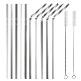 Set of 10 Stainless Steel Straws, HuaQi Bent Reusable Drinking Straws 10.5'' Long 0.24‘’ Dia for 30 oz Tumbler and 20 oz Tumbler, 2 Cleaning Brush Included