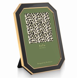 RICHFOCUS 5x7 Enamel Picture Frame with HD-Tempered Glass, Octagon Photo Frame with Gold Metal Edge and Velvet Back for Tabletop and Wall Mount Display, Black