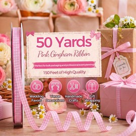 VGOODALL Pink Gingham Ribbon, 3/8 inch X 50 Yards