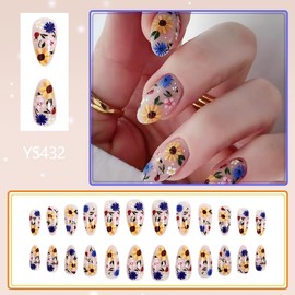 Flower Press on Nails Short Almond Floral Fake Nails with Designs Colorful Summer Spring False Nails Glossy Acrylic Nails Almond Shaped Glue on Nails Sunflower Daisy Stick on Nails for Women 24Pcs
