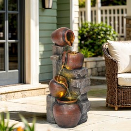 Ultym 31.5" Stacked Jars Outdoor Fountain, 4-Tier Resin Post and Pitchers Water Feature with Lights, Soothing Cascading Waterfall Creating Serene Oasis for Garden, Patio, Yard, Deck, or Porch