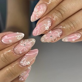 Lukmexor Flower Almond Press On Nails Medium Fake Nails For Spring With 3D Floral Rhinestones Design False Nail Press Ons Flossy Pink Stick On Nails Spring Summer Glue On Nail For Women Nail Supplies