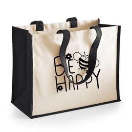 Huuraa Be Happy Bee Jute Bag Black Size 21 Litres with Cute Motif Gift Idea for Friends and Family, multicoloured