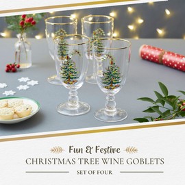 Spode Christmas Tree Glassware - Set of 4 -Made of Glass – Gold Rim- Classic Drinkware - Gift for Christmas, Holidays, or Wedding - Drinking Glasses (Pedestal Goblets)