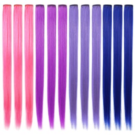 SHKJCHP Coloured Hair Extensions Clip Girls Women Accessories 55 cm Long Straight Hair Pieces 12 Pieces (Pink, Lavender, Purple, Blue)