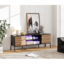 WAMPAT Mid Century Modern TV Stand for TVs Up to 65 Inch with 16 Color Changeable LED Light, Wood TV Console with 6 Storage, Entertainment Center in Black and Oak for Living Room Bedroom, 60 inch