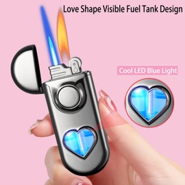 Torch Lighter, Dual Flame Lighter with 6pcs Flint Stone, Windproof Lighter with Visible Gas Window, Cool Adjustable Soft Flame and Jet Flame 2 in1,Refillable Butane Lighter for Outdoor Indoor-Black