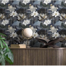 Safiyya Peel and Stick Wallpaper Black Floral Lotus Contact Paper Peel and Stick 17.3"x 197" Wall Paper Self Adhesive Removable Wallpaper for Bedroom Bathroom Vinyl Roll