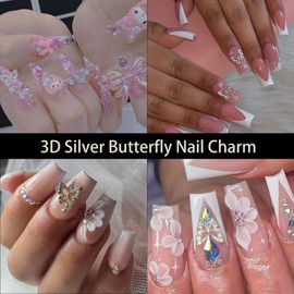 ALGLEA 80PCS Butterfly Nail Charms, 3D Butterfly Charm for Nail Alloy Butterfly Nail Art Charms with Gems and Rhinestones for Nail Design Cute Nail Art Decorations Supplies（Set 3）
