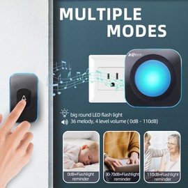 Wireless Doorbell JSIEEM 1200 feet Waterproof Door Bells & Chimes Wireless with Flash LED Light 36 Melodies 4 Volume Levels for Home Office (2 Receivers& 1 Touch Button, Black)