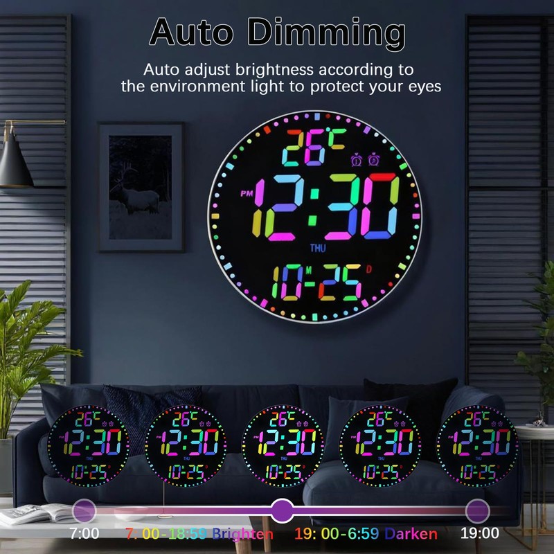 12" Large Digital Wall Clock with 12 RGB Colors &