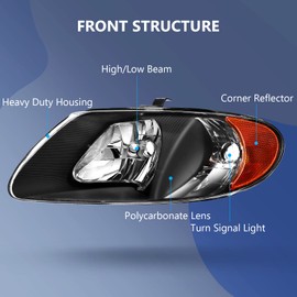 ECCPP Headlight Assembly Pair For Chrysler Grand Voyager 2001-2002 For Town Country For Dodge For Grand Caravan 2001-2007 Black Housing Amber Reflector Clear Lens Driver and Passenger Side