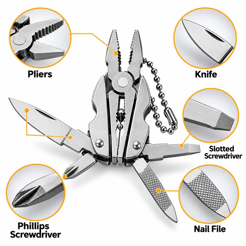 Stainless Steel Folding Multi-Tool Keychain with Pliers, Knife, Screwdrivers &