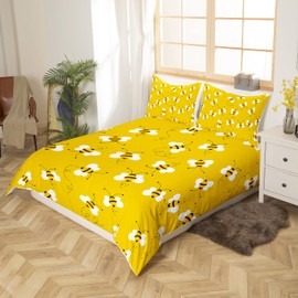 Honeybee Duvet Cover For Teens Children Bee Bedding Set Kawaii Wild Animals Comforter Cover Full Size Geometric Rustic Farm Quilt Cover Room Decor 3 Pcs With 2 Pillow Cases Yellow, Zipper Closure