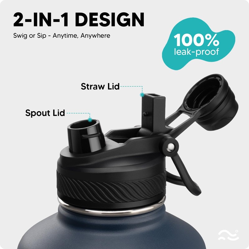 Swigina [2-IN-1 LID] 64 oz Insulated Water Bottle with Silicone