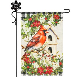 Vigor Home Christmas Cardinal Bird Garden Flag Double Sided 12×18 Inch,Small Vertical Birdhouse Holiday Burlap Yard Flags for Outside Decoration