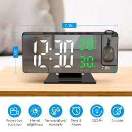 Brifit Projektionswecker, Digital Wecker mit Projektion 180°, Projektionsuhr mit Temperatur und Luftfeuchtigkeit, LED-Spiegelbildschirm, Snooze, Einstellbare Helligkeit, Digitaluhr für Schlafzimmer