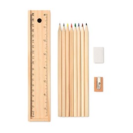 Drawing Set 12 pieces in wooden box (2 black pencils/6 colored pencils, 1 eraser, 1 sharpener, 1 ruler embedded in the box) Travel Eco-Friendly Gift
