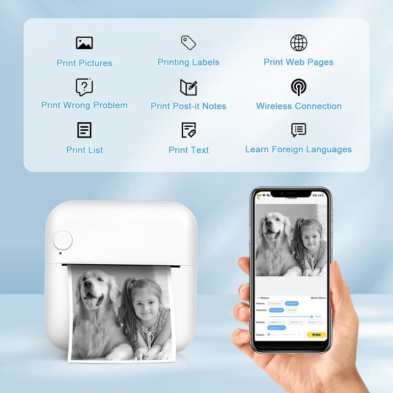 GuKKK Mini Printer, Mobile Photo Printer, Portable Mini Photo Printer,