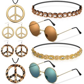 Tuanse 8 Pcs Hippie Costume Set Boho 70s 80s Outfits for Women Sunglasses Elastic Headband Peace Sign Necklace Earrings(Boho)