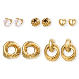 5 Pairs Gold Knot Earrings Set for Women Trendy Chunky Gold Knot Dangle Earrings Small Love Knot Earrings Studs Rhinestone Heart Stud Earrings Dainty Gold Jewelry for Girls