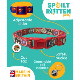 Spoilt Rotten Pets Comic Book Superhero Cat Collar & Matching Do Not Feed Microchip Tag UK Made Bell & Safety Buckle (Comic Book)