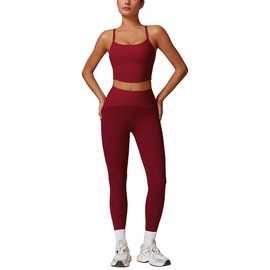 OMEWEE Gym sets for women 2 piece, women's sports set with removable chest pad top and ribbed waist leggings red XL