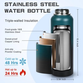GAZLEMHO 40 oz Insulated Water Bottle with Straw& Spout 2-in-1 Lid, Triple Wall Vacuum Stainless Steel Cold 48H, Leak Proof Sports Metal Flask Jug with Paracord Handle, Indigo Black