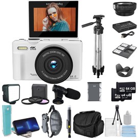 eDealz 4K 64MP Digital Camera Kit for Photography, Vlogging for YouTube with Flip Up Screen, 18x Zoom, Wide Angle Lens, Filters, 2X 64GB Micro SD Cards, 50" Tripod, Case, Card Reader, Microphone, LED+