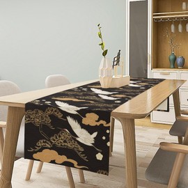Japanese Crane Table Runner, Traditional Vintage Black Gold Pine Tree Crane Bird Asian Print Table Runner for Wedding Dining Table Holiday Party Kitchen Home Decoration, 13x70inch