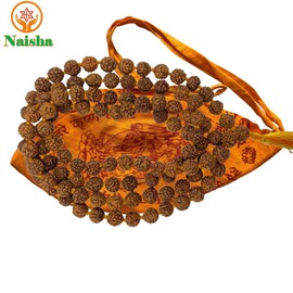 NAISHA Rudraksha Mala 108+1 & Gaumukhi Japa Mala Bag, Beads Necklace, Seed Bead Natural Himalaya 5 face Panch Mukhi Rudraksha Seed, Prayer Beads, Wrist Mala Wrap, Jaap Mala Iskon