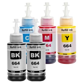 SHUOLEI 664 T664 Ink Compatible with Epson T664 Refill Ink Bottles Work with EcoTank ET-2650 ET-2500 ET-2550 ET-2600 ET-4500 ET-14000 L100 L110 L120 L200 L210 L300 L350 L355 L550 L555 Printer(5-Pack)