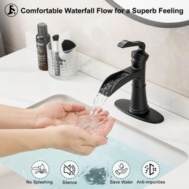 HEYMYTAP Brass Waterfall Bathroom Faucet Black, Single Handle Bathroom Sink Faucet 1 Hole, 4 Inch Bathroom Faucets 3 Hole with Deck Plate, Pop-up Drain and Supply Hoses