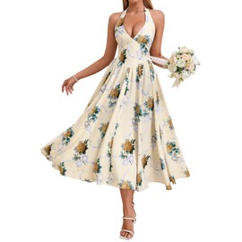 Parthea Women's Summer Midi Dress Smocked Floral Halter V Neck Sundress Elegant Flowy A Line Beach Long Dresses