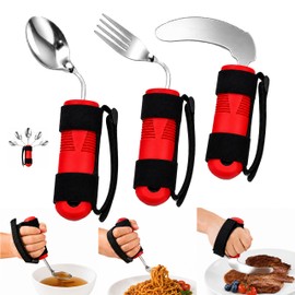 Bendable Adaptive Utensils 3-Piece Set, Parkinsons Fork Spoon Rocker Knife, Adjustable Angle Securing Strap, Built Up Easy Grip Handle, One Handed Eating Aids for Tremors Arthritis Elderly