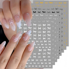 8 Pcs Bow Nail Stickers for Nail Art Bows Nail Decals 3D Self-Adhesive Gold White Silver Black Bow Nail Design Nail Supplies Cute Bows Stickers for Valentine's Day DIY Manicure Nail Decoration