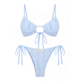 seamoly Lace Ruffled Trim Cinched Tied Front Tie Side Bikini Set,Light Blue, L