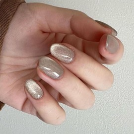 Xenophoer Cat Eye Press on Nails Short Oval Cold Greenish Wood Fake Nails Acrylic Glue on Nails with Silver Glitter Designs Nails Press ons for Women Daily Wear 24 Pcs