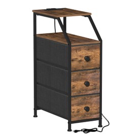 Tohomeor Narrow Dresser Tall Skinny Storage Tower Vertical Slim Chest of Drawers with Charging Station Small Nightstand Side Table for Bedroom, Bathroom, Small Spaces (Rustic Brown, 3 Drawers)