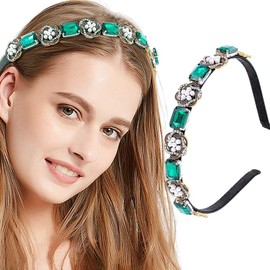 Fdesigner Baroque Green Rhinestones Headband Pearl Crystal Hairband Vintage Emerald Thin Headbands for Women Festival Headpiece (Green)