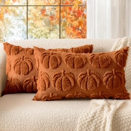 MIULEE Fall Throw Pillow Covers 12 x 20 Decorative Pumpkin Pattern Pillow Covers Soft Plush Faux Wool Couch Pillow Covers for Home, Set of 2,Dark Rust