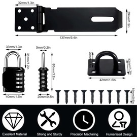Door Latch Hasp with Door Padlock Hasp, 4 Digit Combination Padlock and Screw, Stainless Steel Hasp Lock Heavy Duty Garage Shed Door Security Lock, Waterproof Shed Lock for Bedroom Cabinet Garden Gate