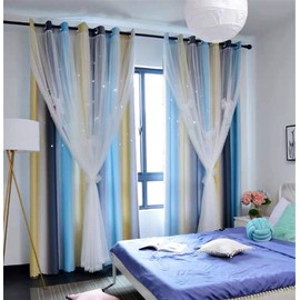 Yancorp Room Darkening Light Blocking Gray Blue Curtains White Sheer Lace Detachable Bow Ties Kids Room Decor Ombre Drapes Star Double Layer Window Panels Bedroom Living Room (Gray Blue, W52 X 84")